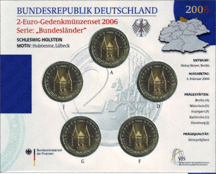 Deutschland 5 x 2 Euro 2006 Stgl.  Holstentor im Folder der VfS