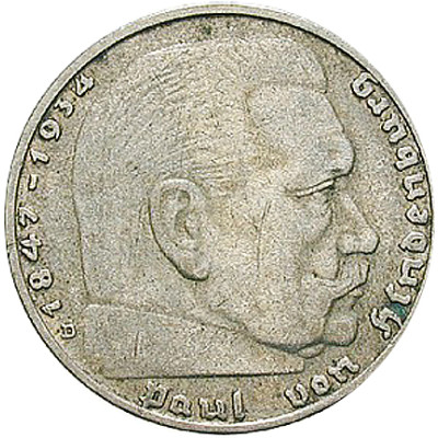 Drittes Reich 2 Reichsmark 1936 - 1939 Paul von Hindenburg, Jäger 366