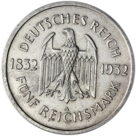 Jäger-351-Weimarer-Republik-5-Reichsmark-1932-(ss)-Mzz-A-100er-Todestag-Goethes-I