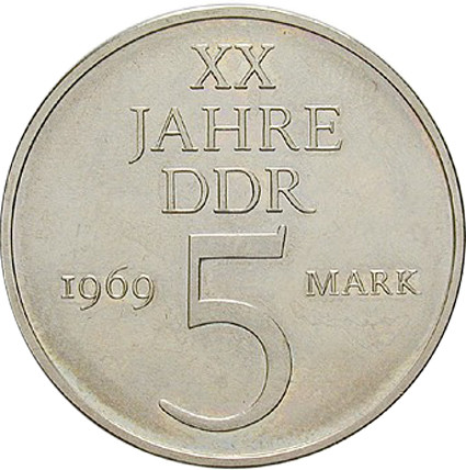 DDR Nickelprobe 5 Mark Münze 1969 - 20 Jahre DDR