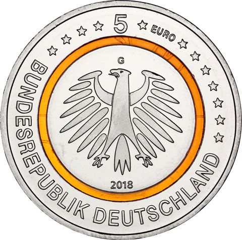 Neue 5 Euro Münze 2018 Subtropische Zone - Deutschland - Klimazone der Erde Polymerring Orange 