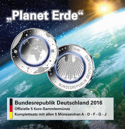 BRD 5 Euro 2016  stgl  Planet Erde  Satz mit allen 5 Mzz. A-J im Folder