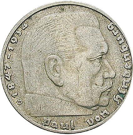 Drittes Reich 2 Reichsmark 1936 - 1939 Paul von Hindenburg, Jäger 366