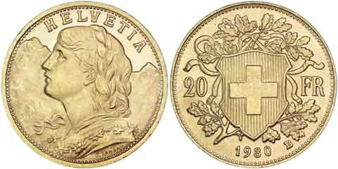 Schweiz 20 Franken Goldmünze 1897 bis 1949 Vreneli