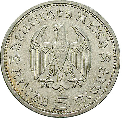 Drittes Reich 5 Reichsmark 1935 - 1936 Paul von Hindenburg, Jäger 360