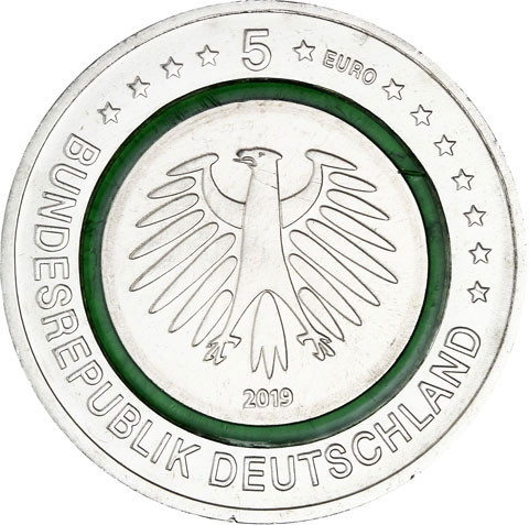 Neue 5 Euro Münze 2019  Gemäßigte Zone Polymering Grün Feldhase 
