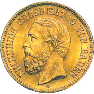 J.185 -  Baden  5 Mark 1877  Friedrich I. Gold