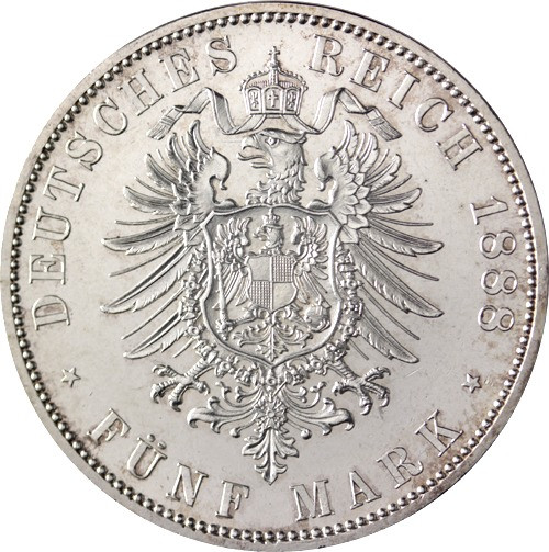 Preußen 5 Mark 1888 Wilhelm II König und Kaiser Jäger 101